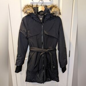 EDDIE Bauer Belted Black Down Coat with Faux Fur Hood Size Small - New